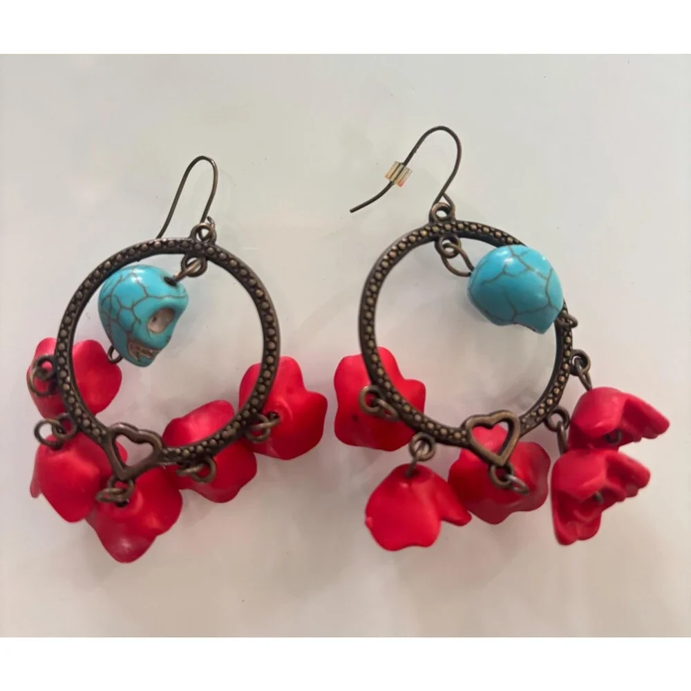 Vintage Skull Hoop Earrings Red Rose Turquoise Dangle Boho Gothic